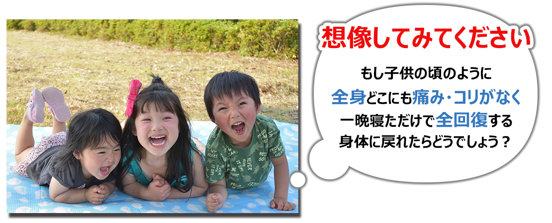 想像してみてください。もし子供の頃のように全身どこにも痛み・コリあなく一晩寝ただけで全回復する身体に戻れたらどうでしょう？